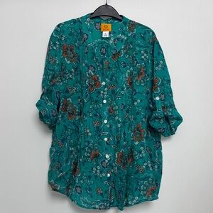 Ruby Rd. Teal Floral Button-Down Shirt - Size XL